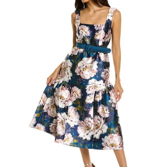 Kay Unger Lydia Ink Blush Floral Tea Length Midi Dress *Less Belt* - Picture 1 of 2